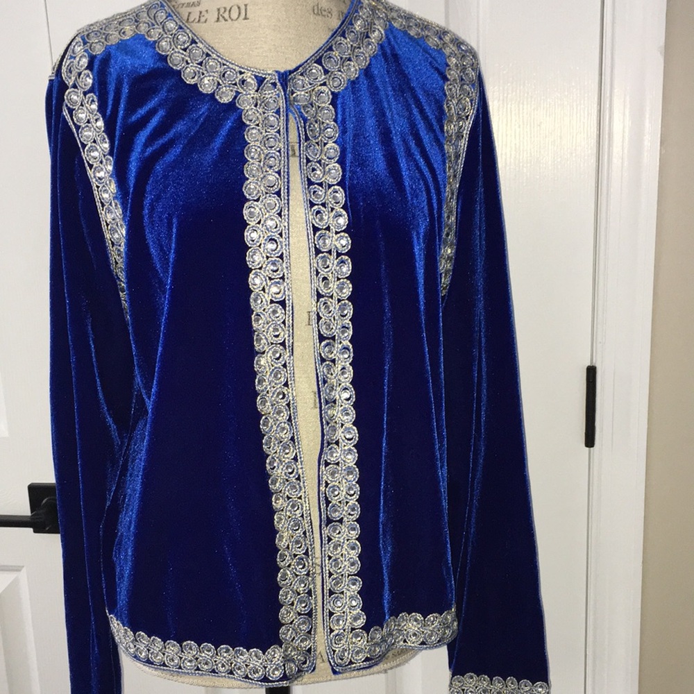VICTOR COSTA EUC SOFT VELVET EMBROIDERED EMBELLISHED REGAL BLUE JACKET SZ L